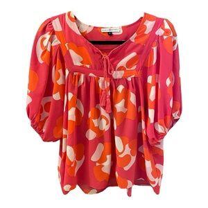 Michelle McDowell Top, Size M, Pink & Orange Puff Sleeve Colorful Peasant Top.